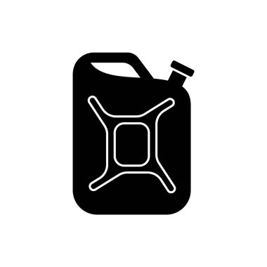 Silüet yakıt bidonu. Benzin ve su için teneke kutunun ana simgesi. Ordu metal konteynırının siyah çizimi, Jerrican. Beyaz arkaplanda düz izole vektör çizelgesi