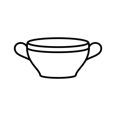 Çorba kasesi ya da çömlek. İki saplı kalın tabağın doğrusal simgesi. Sıvı yiyecek, yulaf lapası ve et suyu için siyah basit bir betimleme. Beyaz arkaplanda izole edilmiş vektör piktogramını ekle