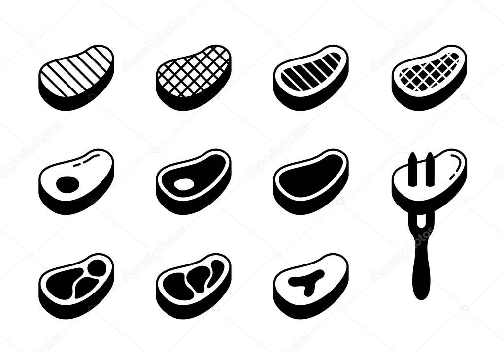 Steak silhouette icons set. Outline beef with bone, fat, grill strips, fork. Different views of raw meat for packaging design. Black illustration. Flat isolated vector pictogram, white background