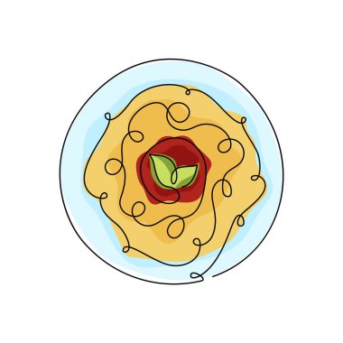 Spagetti bolonez. Renkli karalama simgesi, siyah olan sürekli çizgi. Kırmızı domates soslu, yeşil fesleğen yapraklı, stilize bir tabak makarna. Düz elle çizilmiş vektör, beyaz arkaplanda izole edilmiş çizim