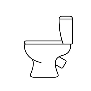 Tuvalet. Banyo için seramik hijyenik malzemelerin doğrusal simgesi. Siyah basit bir illüstrasyon. Beyaz arkaplanda izole edilmiş vektör piktogramını ekle