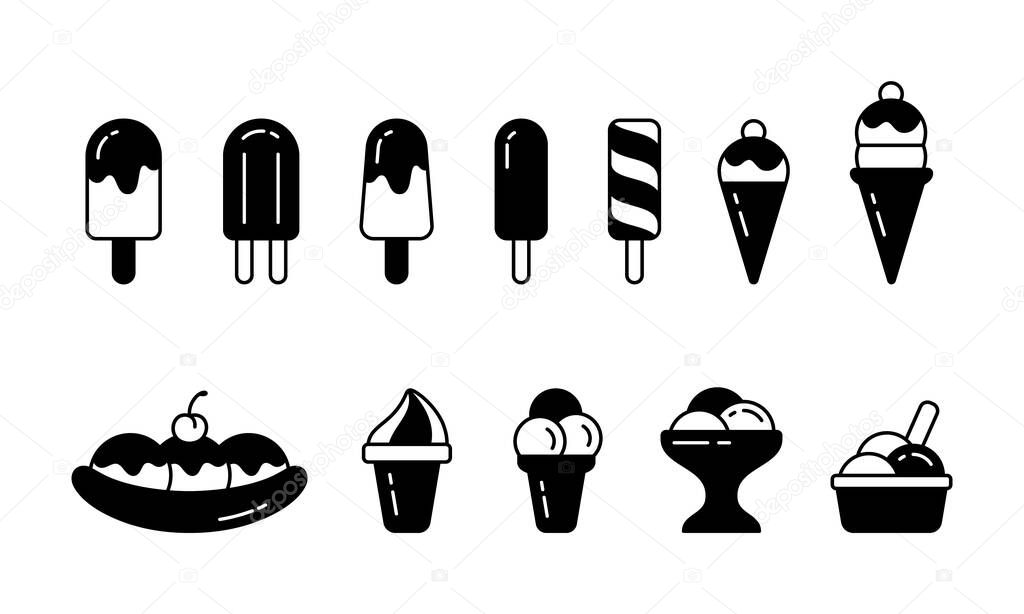 Ice cream. Silhouette icons set. Eskimo, popsicle, waffle cone, ice lolly, banana split, twister, bowl. Black simple illustration, different types. Outline isolated vector pictogram, white background