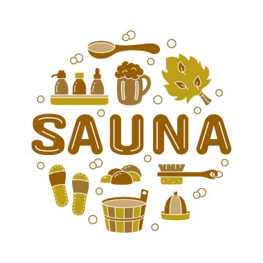 Sauna, etiket için renk yuvarlak amblemi, baskı, yazılı poster. Tahta küvet, kepçe, şapka, süpürge, bira bardağı, fırça, sabun, terlik. Siluet vektörünü kes, beyaz arkaplan