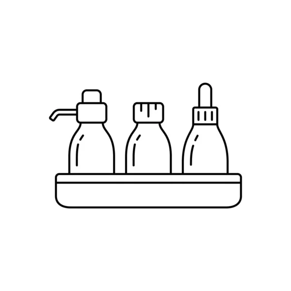 Set Van Cosmetische Flessen Dienblad Staan Lineair Pictogram Van Druppelaar — Stockvector