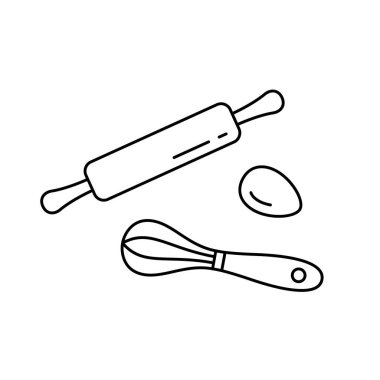 Yuvarlanan iğne, çırpma ve tavuk yumurtası. Hamur hazırlığı için doğrusal simgeler ayarlandı. Yemek pişirmenin siyah çizimi. Beyaz arkaplanda izole edilmiş vektör piktogramını ekle