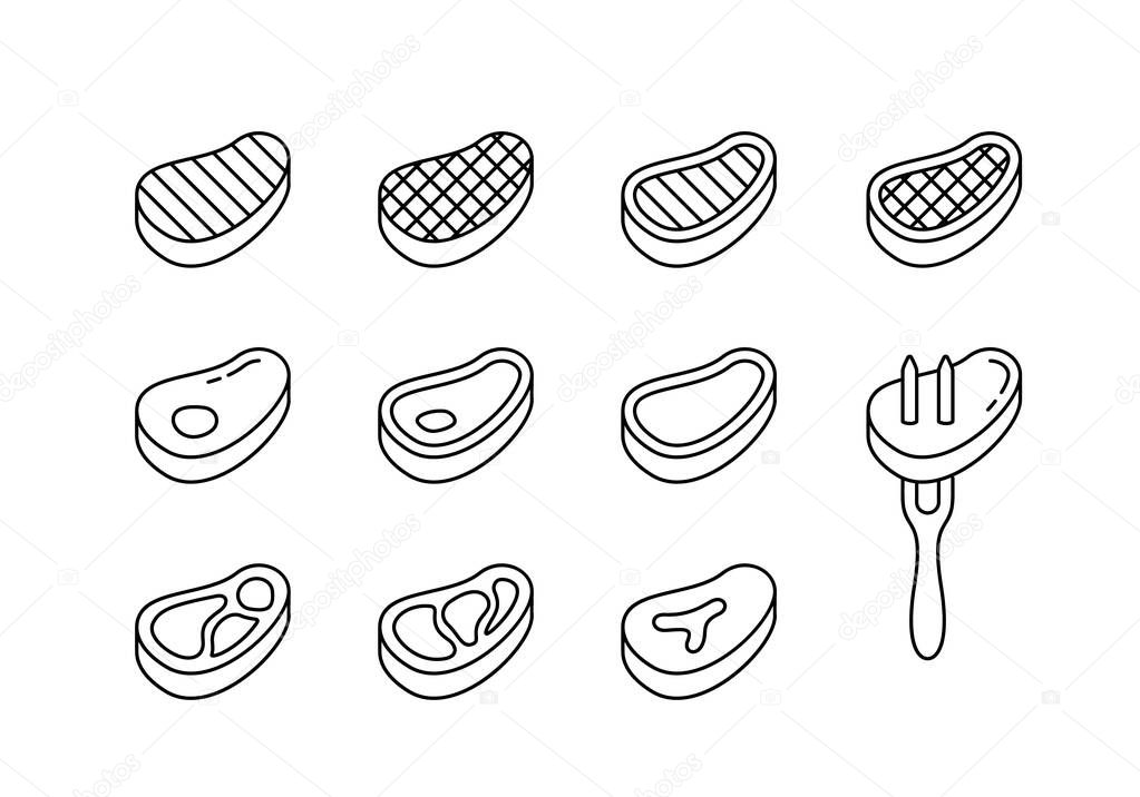 Steak linear icons set. Beef with bone, fat, grill strips, fork. Different views of raw meat piece for packaging design. Black simple illustration. Contour isolated vector pictogram, white background