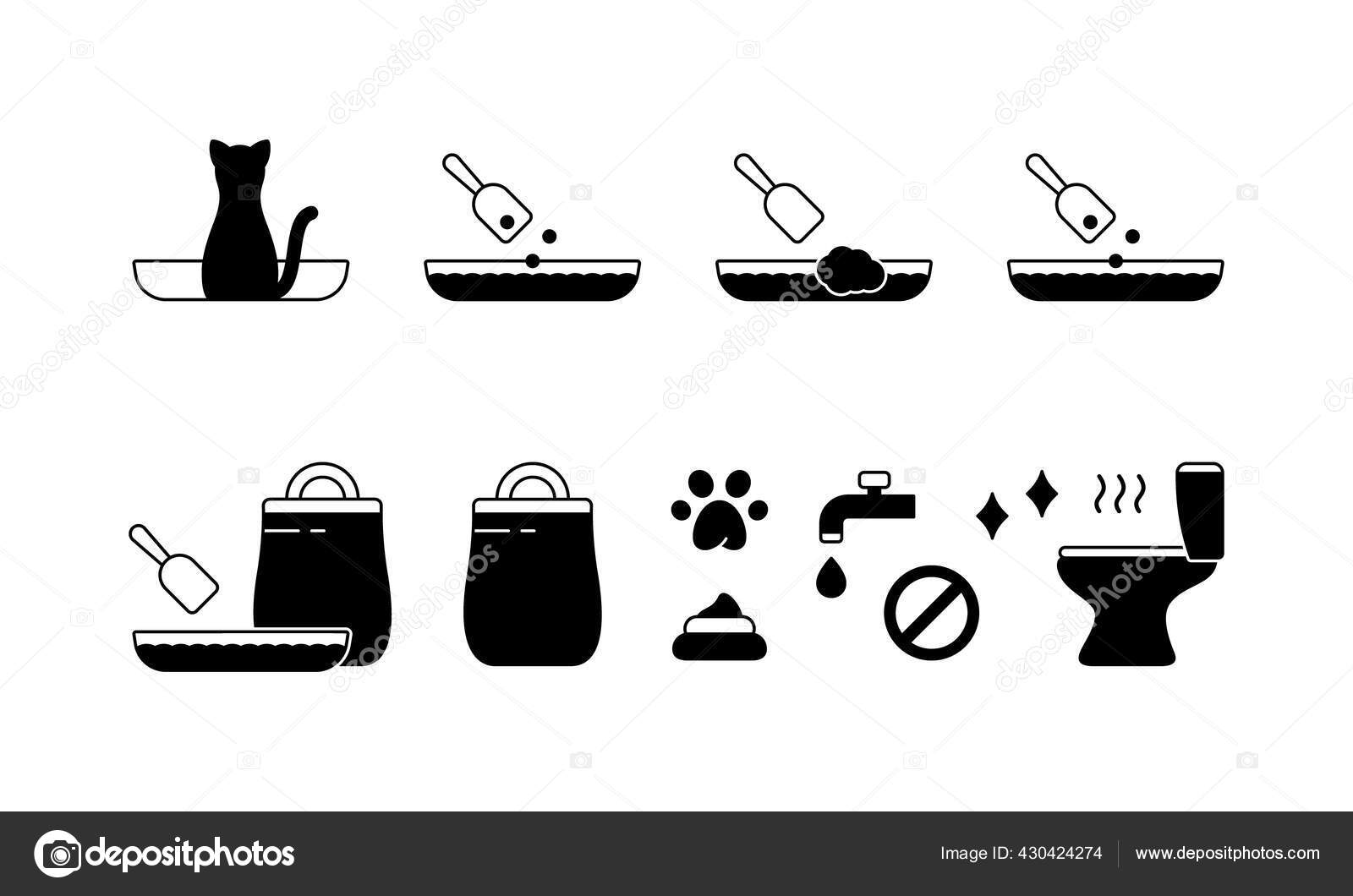 Set Icons Cat Litter Basic Instruction Silhouette Pictogram Toilet Tray
