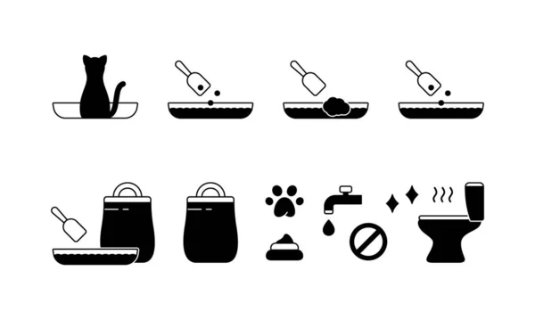 Set Icons Cat Litter Basic Instruction Silhouette Pictogram Toilet Tray — Stock Vector