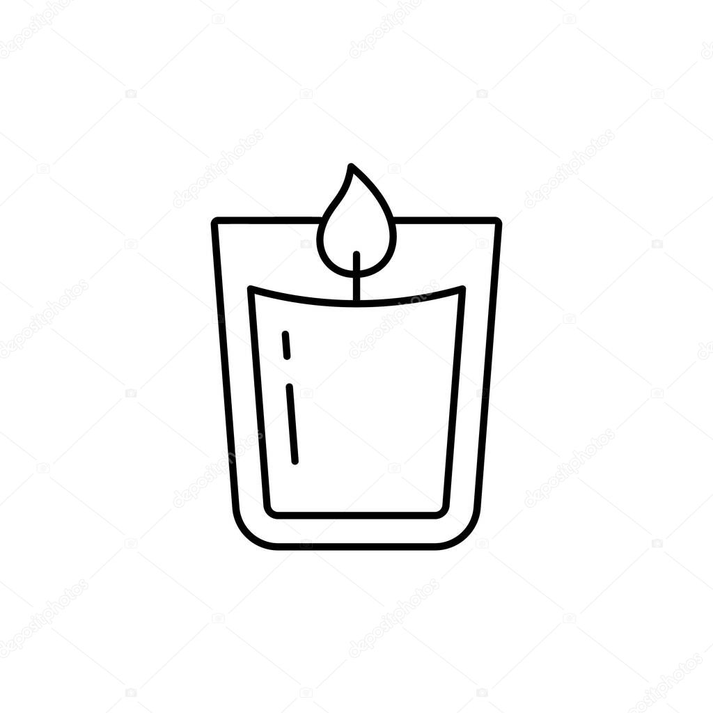 Candle in glass. Linear icon of aromatic accessory for cozy home, spa salon. Black simple illustration of aromatherapy, homeliness. Contour isolated vector pictogram on white background