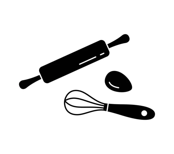 台所用泡立て器 圧延ピンと鶏の卵 生地の準備のために設定されたシルエットのアイコン 料理の黒シンプルなイラスト 概要白地に孤立したベクターピクトグラム — ストックベクタ