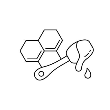 Kaşık ve bal damlatan bal peteği. Paketleme tasarımı için doğrusal simge. Siyah basit bir illüstrasyon. Beyaz arkaplanda izole edilmiş vektör piktogramını ekle