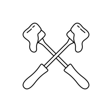 Ambalaj tasarımı için fondü doğrusal amblemi. Bir dilim ekmek ve peynir sosuyla çaprazlanmış iki çatalın siyah bir çizimi. İzole edilmiş vektör piktogramını ekle, beyaz arkaplan