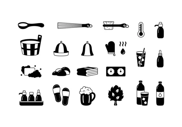 Spa Sauna Silhouette Icons Set Outline Pictogram Classic Bath Tools — Stock Vector