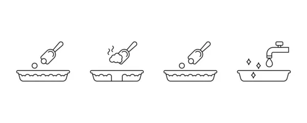 Katzenstreu Anleitung Lineare Symbole Set Von Toilettenbox Schaufel Wasserhahn Schema — Stockvektor