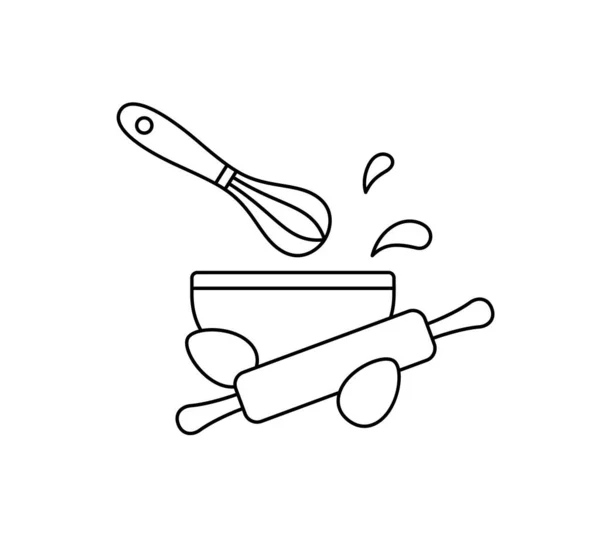 Φτιάχνω Ζύμη Κέικ Μαγειρικό Έμβλημα Περιγράμματος Μπολ Σύρμα Κουζίνας Πλάστης — Διανυσματικό Αρχείο
