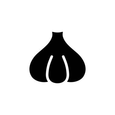 Sarımsak kafa silueti. Baharatlı sebzenin ana simgesi. Ürün için aroma maddesinin siyah çizimi. Beyaz arkaplanda düz izole vektör çizelgesi