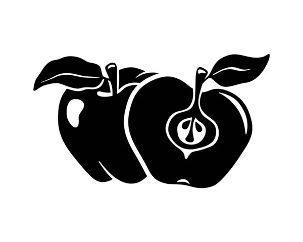 Ikone Schwarzer Apfel Ganze Und Halbe Frucht Mit Blatt Handgezeichnete — Stockvektor