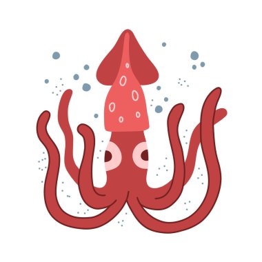 Komik kalamar karakteri. Çizgi filmde hava kabarcıklı kırmızı mürekkep balığı çizilmiş. Şirin bir okyanus hayvanı. Çocukça tişört baskısı, poster, kapak tasarımı. Beyaz arkaplanda düz izole vektör