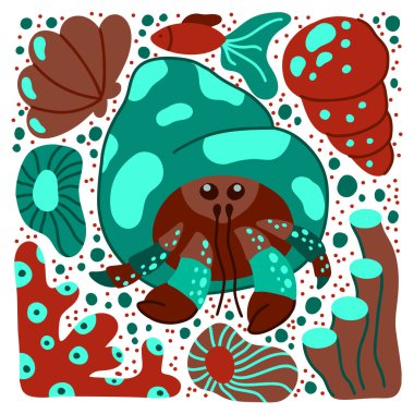 Münzevi yengeç el çizimi. Kırmızı deniz bitkileri, balıklar ve kabuklu turkuaz okyanus hayvanının kare posteri. Çocuksu tişört baskısı, kapak tasarımı. Düz izole vektör. Renk ögeleri ayarlandı