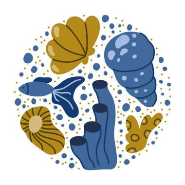 Poster, baskı, pankart ve kart için okyanus yuvarlak şirin illüstrasyonu. El yapımı deniz unsurları ayarlandı. Çizgi film deniz yosunu, mercan, balık, kabuk, hava kabarcıkları. Beyaz zemin üzerinde düz vektör. Koyu mavi, kahverengi