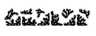 Mercan. Siluet elementleri ayarlandı, çizgi film tasarımı. Siyah el, farklı su bitkilerinin resimlerini çizmiş. Düz izole vektör simgeleri, beyaz arkaplan