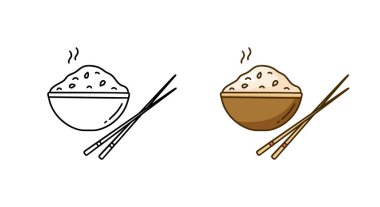 Pilav ve çubukla kase, karalama ikonu. Doğrusal ve renkli versiyonu. Asya mutfağının siyah çizimi. Beyaz arkaplanda izole edilmiş vektör piktogramını ekle