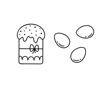 Paskalya pastasını yay ve tek yumurtalı yap. Siyah el çizimi simgeler ayarlandı. Dini bayramın geleneksel sembolü. Beyaz arkaplanda izole edilmiş vektörü karala