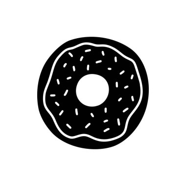 Donut siluet simgesi. Kremalı ve serpiştirilmiş tatlının siyah el çizimi. Beyaz arkaplanda izole edilmiş vektör piktogramını ekle