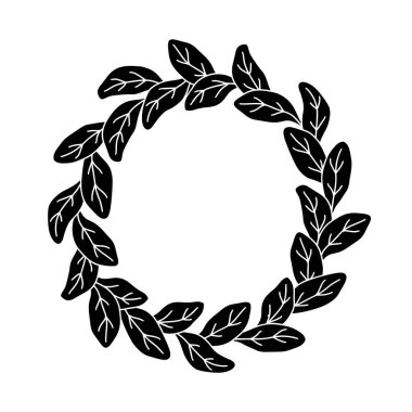 Yaprak siluet çerçeve, kopyalama alanı. Pankart, poster, kart için yuvarlak botanik şablonu. Siyah el çizimi. Beyaz arkaplanda izole edilmiş vektör