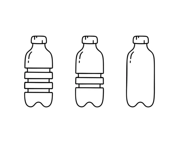 Petボトルのドアのアイコンを設定します 手は水 油のためのプラスチック容器の簡単なイラストを描きました 白い背景に等高線の分離ベクトルピクトグラム — ストックベクタ