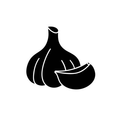 Sarımsak kafa ve karanfil. Siluet simgesi. Yiyecek ambalajı tasarımı için basit siyah çizimler. Beyaz arkaplanda izole edilmiş vektör piktogramını ekle