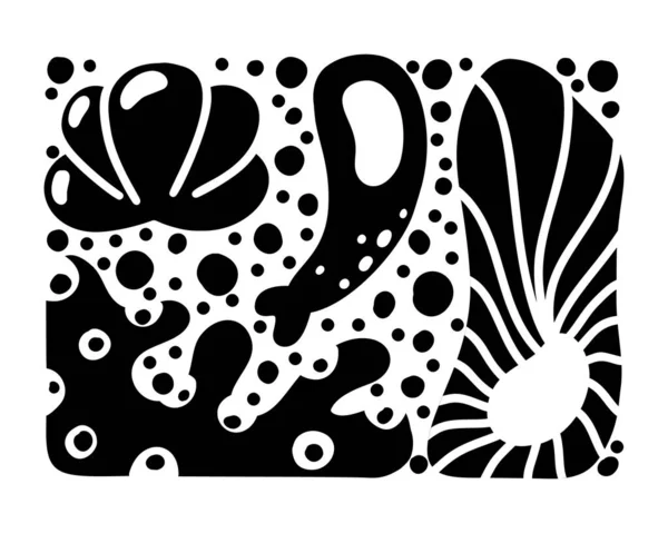 Черный Силуэт Прямоугольного Рисунка Стилизованных Морских Элементов Контурная Иллюстрация Океана — стоковый вектор