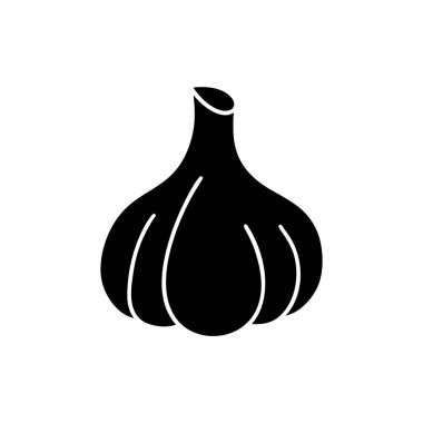 Sarımsaklı siluet ikonu. Gıda içeriğinin siyah çizimi. Beyaz arkaplanda izole edilmiş vektör piktogramını ekle