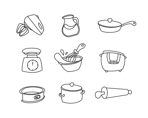 Kitchen Utensils Contour Icons Set Hand Drawn Black Illustration Kitchenware — Stock Vector