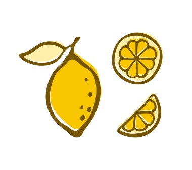 Sarı limon karalama seti. Dilimlenmiş narenciye meyvesinin el çizimi çizimi. Kare modern baskı, poster, clipart. Beyaz arkaplanda izole ögeler