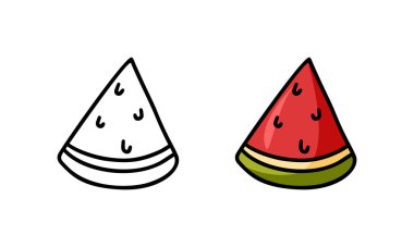 Karpuz karalaması ikonu. Doğrusal ve renkli versiyonu. Bir dilim yaz meyvesinin siyah çizimi. Beyaz arkaplanda izole edilmiş vektör piktogramını ekle