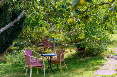 Romantik bir meyve bahçesinde hasır sandalyelerden ve masalardan oluşan rahat oturma alanları (format manzara).