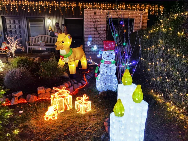 Colorful Christmas decorations in a front yard at night with various illuminated objects.