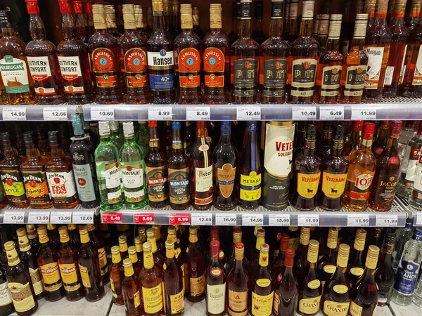 Berlin Germany January 2021 View Shelf Different Bottles Alcoholic Beverage — Stock Photo, Image