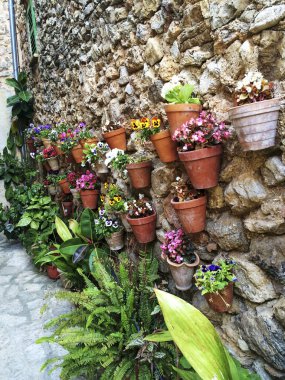 İspanya, Malaga 'da tipik bir sokak, renkli çiçeklerle süslenmiş taş cephelerle.