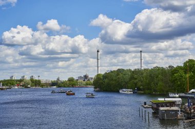 Berlin, Germany - May 21, 2021: Scene at the river Spree in Berlin-Treptow near the Insel der Jugend.