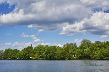 Berlin, Germany - May 21, 2021: Scene at the river Spree in Berlin-Treptow near the Insel der Jugend.