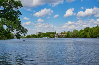 Berlin, Germany - May 21, 2021: Scene at the river Spree in Berlin-Treptow near the Insel der Jugend.
