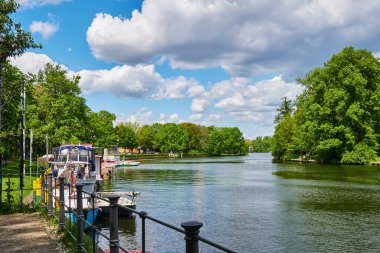 Berlin, Germany - May 21, 2021: Scene at the river Spree in Berlin-Treptow near the Insel der Jugend.