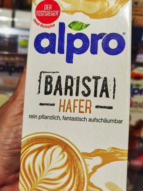 Berlin; Germany - June 10; 2021: View to a package of a vegan milk beverage in a supermarket.
