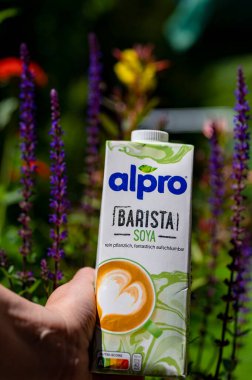 Berlin; Germany - June 18; 2021: View to the package of a vegan soya milk beverage with flowers in the background.