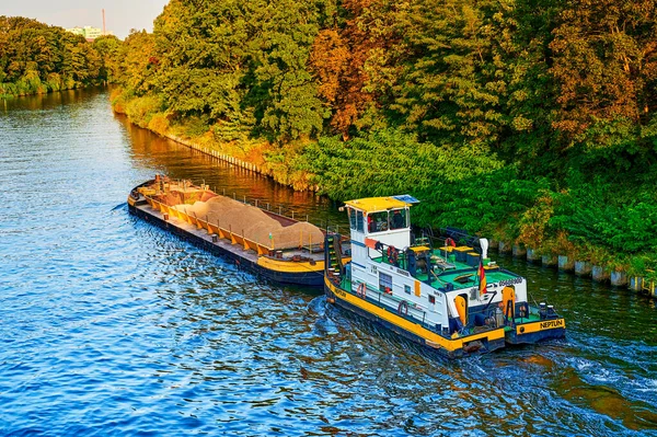 Berlin Germany September 2021 Cargo Shipping Teltow Canal Berlin Dawn Royalty Free Stock Photos