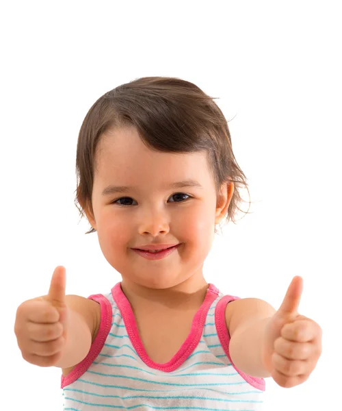Portrait of a beautiful and confident girl showing thumbs up isolated one white — Stock Photo, Image