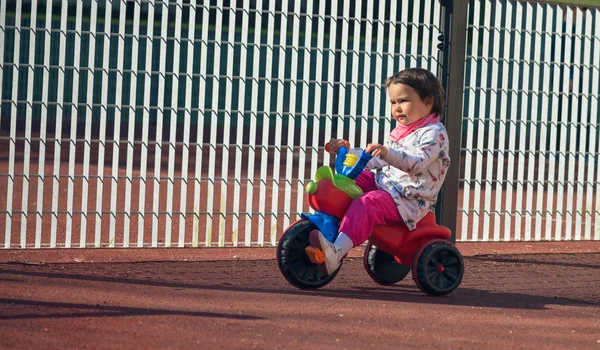 Lindo niño de tres años de edad, montar una bicicleta de 3 ruedas en el patio de recreo —  Fotos de Stock