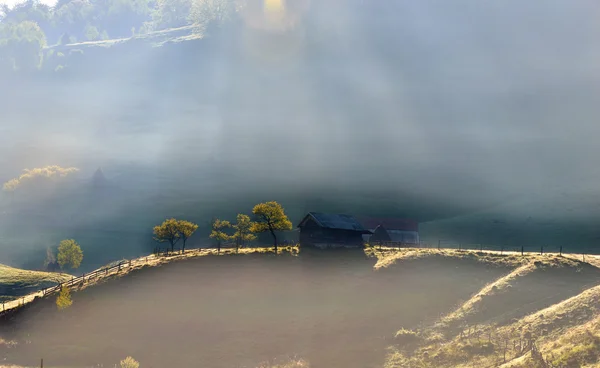 Berglandschaft mit herbstlichem Morgennebel bei Sonnenaufgang - fundatura ponorului, Rumänien — Stockfoto